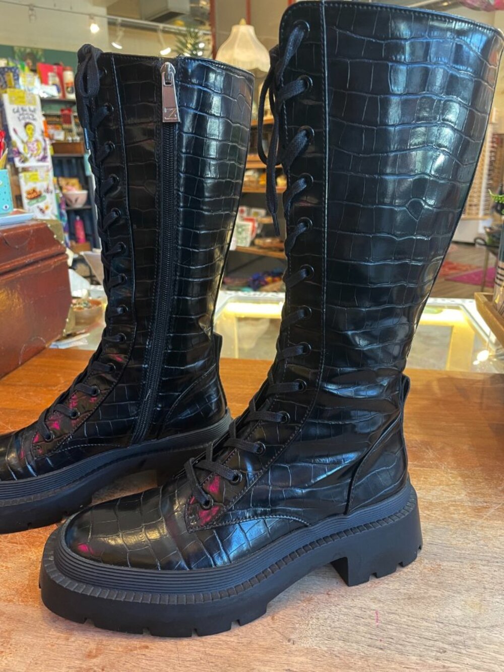 NEW! Zara Black Lug Sole Faux Croc Chunky Lace Zipper Tall Combat Boots 38 7.5 - Picture 3 of 14